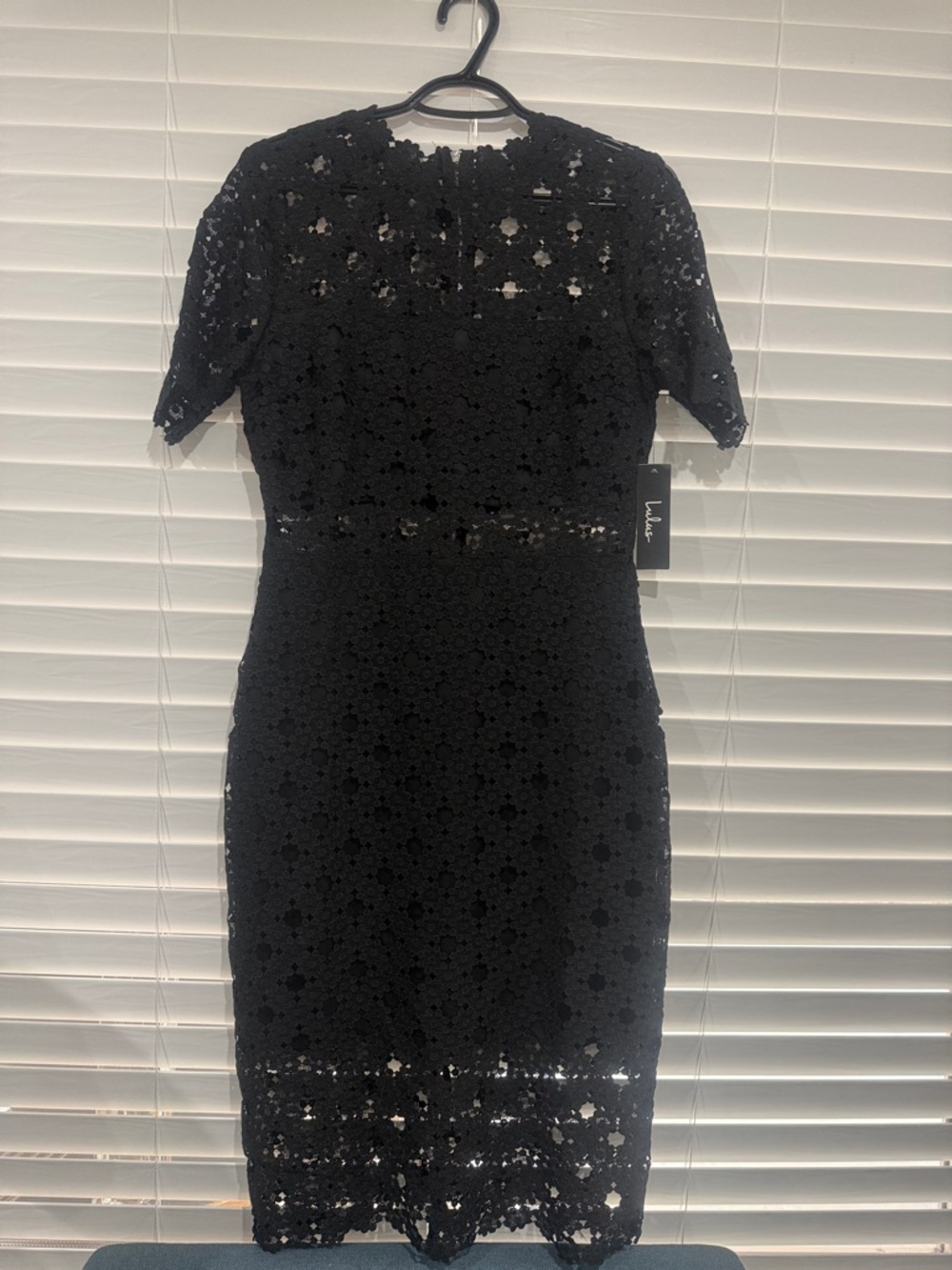 Lulu's Black Floral Crochet Midi Dress with Short Sleeves